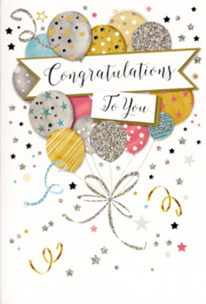 In this image, a beautifully detailed congratulations card is displayed as though waiting to be tucked into a bouquet from Flowers South Ruislip and sent off to mark a special milestone. The artwork on the card features a generous cluster of balloons that fill the central space, offering the same sense of abundance you get from a well-crafted floral design. The balloons are plump and slightly translucent in appearance, coloured in soft, coordinated shades of brushed gold, muted silver, champagne cream, blush pink, sky blue, and cool grey. Fine decorative patterns dance across their surfaces-tiny scattered stars, light striping, and gentle, glitter-like flecks that evoke the playful shimmer of confetti without becoming overly bright. These balloons are gathered together by slender metallic-looking strings, illustrated as delicate golden and silver ribbons curling downwards with a graceful, flowing line. A wide banner drapes elegantly across the centre, carrying the words Congratulations in classic calligraphy, the fluid script giving the message a touch of formality and warmth. The background behind the balloons is soft and understated, sprinkled with small metallic stars, dots, and looping streamers that introduce a sense of movement, like the lingering energy after a party in a South Ruislip home. Soft, even lighting highlights the gentle sheen of the metallic elements, making them appear slightly raised and inviting to the touch. Overall, the card conveys a sense of heartfelt pride and polished festivity, ideal for marking life's achievements-from graduations and job offers to new qualifications-when paired with fresh, fragrant flowers delivered across South Ruislip.