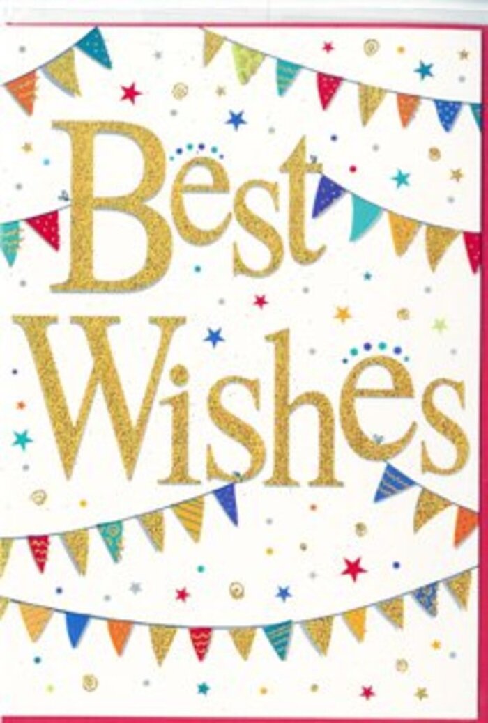 In this image, a congratulations card is shown that feels like a bottled-up burst of happiness, ready to be opened alongside a fresh bouquet from Flowers South Ruislip. The centre of the card is dominated by the message Best Wishes, written in flowing, slightly whimsical calligraphy. The letters are rendered in a golden foil with a delicate glitter sheen, embossed so they stand proud of the smooth white surface. Under soft light, the gold catches and reflects like twinkling lights near the station on a celebratory evening. Surrounding the words, two strands of bunting curve gracefully across the card, one draping from the upper corners and one rising gently from the lower edge. Each tiny triangular flag is painted in a different yet harmonising hue-ocean blue, crimson, emerald, lemon, and blush-many embellished with miniature patterns such as diagonal stripes, clustered dots, and patchwork-style shapes. These minute details give the impression that every flag has been individually chosen, as if for a special party at a home just off Long Drive. Between the bunting and around the wording, specks of colour and light appear as scattered stars and rounded confetti dots, many in gold, others echoing the tones of the flags. They're spaced irregularly, creating a sense of cheerful movement, almost as though caught mid-fall. The crisp white background keeps the composition airy and modern, letting the bunting and gold script truly shine. The card exudes positivity and pride, suitable for celebrating exam results, promotions, new ventures, or new beginnings in South Ruislip. It feels like a warm, handwritten note translated into colour and light, a perfect finishing touch to flowers delivered to mark life's uplifting milestones.
