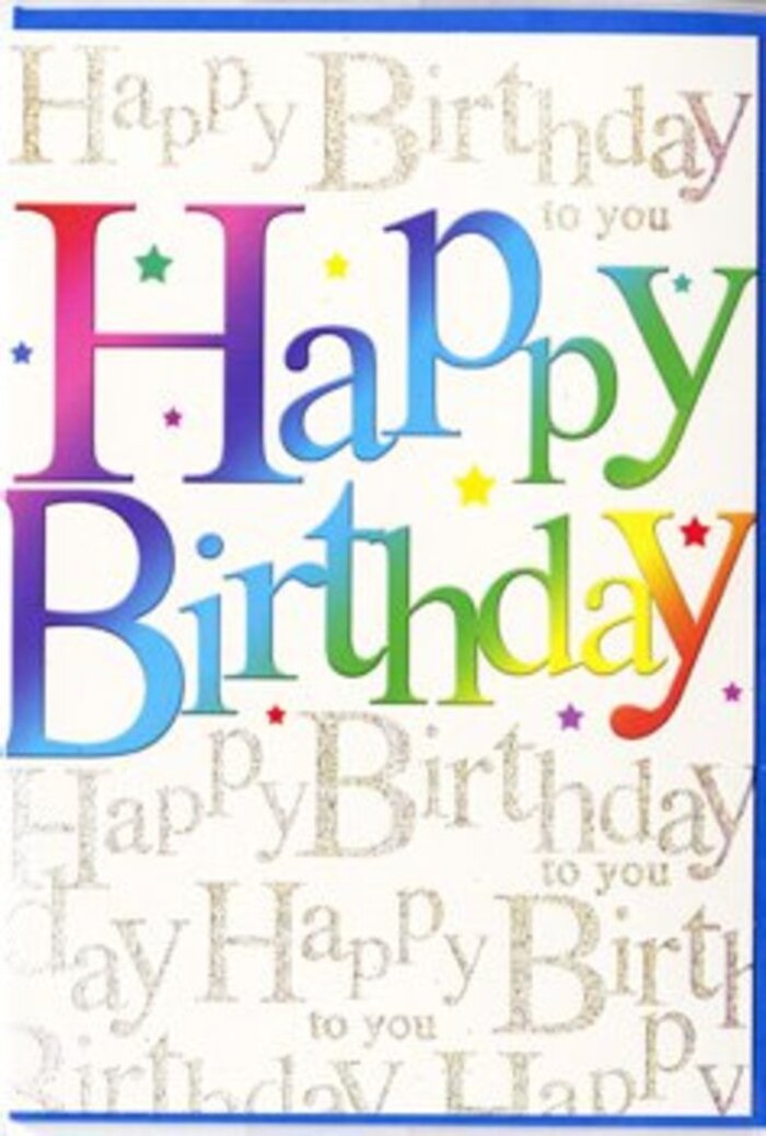 A beautifully festive birthday card is the focus of this image, its design radiating the same easy cheer you might associate with a relaxed afternoon gathering at a home in South Ruislip. The front of the card is dominated by the words Happy Birthday, displayed in generously sized, rounded letters that travel confidently across the width of the card. Each letter is individually coloured but carefully blended into the next, forming a continuous rainbow effect: bold crimson and deep pink gradually melt into coral and tangerine, then brighten into lemon yellow, shift into lime and leafy green, and finally cool down into turquoise, cobalt, and velvety purple. The transitions are soft and flowing, with no harsh boundaries, giving the impression of colours gently drifting into one another, much like petals mingling in a mixed floral arrangement. Behind this vivid greeting, the entire background is filled with lines of fine, looping gold script, repeating Happy Birthday to you in a delicate cursive hand. The metallic gold provides a gentle shimmer, not overpowering but just enough to catch the eye, reminiscent of evening light glancing off windows on residential streets near the local shops. Tiny, colourful dots and subtle star-shaped accents are scattered around the main text in coordinating rainbow shades, creating a sense of lightness and celebratory fun, as though a soft flurry of birthday confetti has fallen across the card. The surface appears smooth and lightly glossy, enhancing both the depth of the rainbow colours and the gleam of the gold lettering. The overall feeling is one of genuine, joyful celebration - a card that would sit beautifully next to a fresh, seasonal birthday bouquet from Flowers South Ruislip, ready to brighten someone's special day.