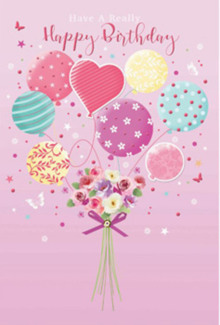 This birthday card illustration combines balloons and flowers into a single, uplifting design that feels right at home in South Ruislip's friendly neighbourhoods. The scene is set against a smooth blush-pink background, glowing softly like evening light reflected on quiet suburban streets. Above, a bouquet of pastel balloons seems to float freely, the shapes slightly overlapping as if jostling happily in a light breeze. Each balloon is decorated with its own distinct pattern: curled stripes reminiscent of curling ribbon on wrapped gifts, dotted designs that resemble playful confetti, and floral-inspired motifs that echo the shapes of the blossoms below. The colours are gentle and coordinated-faded rose, mint green, pale butter yellow, lilac, and hints of sky blue-creating a soothing yet celebratory palette that feels perfect for a thoughtful birthday surprise. Anchoring this floating arrangement, a compact hand-tied bouquet sits at the base, filled with petite roses and daisy-like flowers. The petals blend from creamy ivory at the edges to warmer blush and raspberry tones at the centre, giving a realistic depth and softness that suggests fresh, velvety blooms you might find at a trusted South Ruislip florist. The stems are gathered neatly and cinched with a sparkling purple bow, its satin loops catching a delicate highlight that adds polish and charm. Around the balloons and flowers, tiny star shapes and butterfly-like silhouettes drift upwards, suggesting the magic of birthday wishes taking flight. The image as a whole conveys warmth, tenderness, and the simple joy of sending a beautifully arranged birthday greeting to someone special nearby.