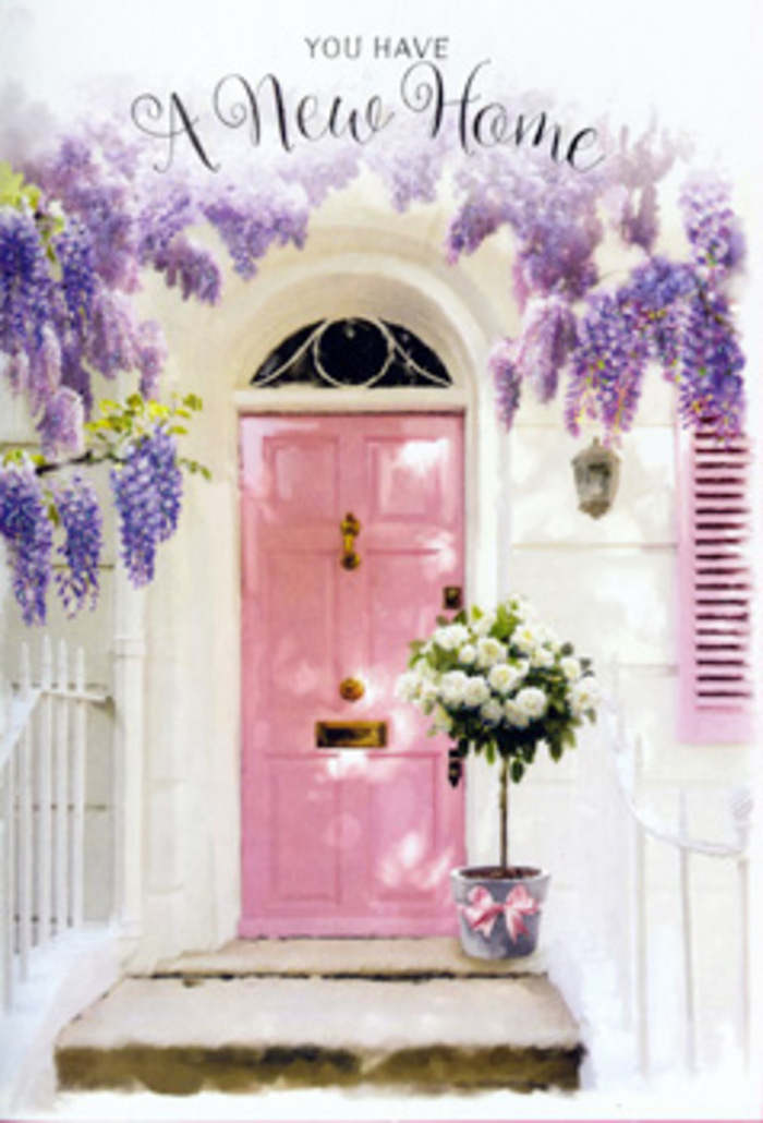 A calm and inviting doorway in South Ruislip is captured at the moment it feels ready to say, welcome home. The front door is painted a tender, powdery pink, its colour soft enough to feel almost brushed on, sitting comfortably against whitewashed masonry and a matching pastel shutter. The composition suggests the sort of quietly charming entrances you might notice on a stroll from South Ruislip station towards the residential streets that branch off Long Drive. Overhead, a luxuriant drape of wisteria tumbles down, the blossoms forming loose, flowing curtains in shades of lavender, lilac, and soft mauve. Each tiny bloom hangs like a delicate bell, creating a sense of movement and imagined fragrance, as though a light spring breeze is weaving its way between the clusters. Resting on the doorstep is a generous bucket of flowers, clearly arranged with care: plump white and creamy roses, with tightly layered, velvety petals, are gathered together in a relaxed but intentional style, padded by fresh greenery that arcs gently outward. The blooms are placed in a simple grey tin-style bucket, understated and a little rustic, which allows the floral textures and tones to stand out. Around its base, a satin-pink ribbon is tied into a graceful bow, echoing the door's gentle blush and adding a hint of celebration. The light falls softly across the scene, creating faint, painterly shadows along the steps, as if the sun were slipping towards late afternoon. Everything about the image suggests a housewarming moment in South Ruislip - a floral greeting delivered to a new doorstep, bringing with it the scent of fresh roses, the calm of familiar streets, and the warm promise that this place is ready to become someone's long-awaited home.
