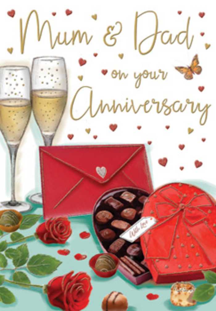 Detailed anniversary card illustration, reminiscent of a scene set in a South Ruislip dining room carefully prepared for a special evening. Dominating the foreground are two richly coloured red roses, drawn with deep, velvety shading that makes each petal appear soft and almost touchable, like stems freshly arranged in a gift bouquet. Their green leaves, smooth and gently curved, frame the flowers and ground the composition. To one side, a heart-shaped chocolate box lies open, its interior sectioned neatly to cradle an array of round and square truffles, coloured in warm browns and creams. A luxurious red ribbon wraps around the box, gathering into a generous bow whose satin sheen catches the light. Behind this indulgent centrepiece, two tall champagne flutes stand close together, filled nearly to the brim with golden sparkling wine. Fine bubbles stream upward inside the transparent glass, reflecting a warm glow that suggests evening light filtering through a South Ruislip window. Scattered above and around are small gold and crimson hearts, gently floating across the background and guiding the eye toward the handwritten words dedicated to Mum & Dad, their flowing script adding a distinctly personal tone. Resting nearby, a bright red envelope lies sealed and slightly angled, hinting at a hidden message of appreciation and long-shared memories. The interplay of rich reds, subtle golds, and fresh greens, along with the soft highlights on glass and chocolate, gives the whole scene a sense of cosy, joyful celebration-an intimate visual ode to an anniversary well worth raising a glass to in South Ruislip.
