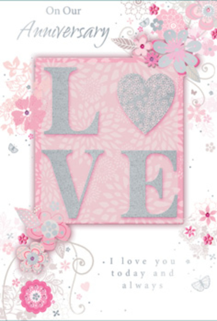 This anniversary card feels like stepping into a sunlit room in South Ruislip where love is quietly honoured every day. The central motif, the word LOVE, is printed in a raised, frosted glitter finish that glows softly between blush pink, pearly white and hints of silver, catching the light in a way that adds a playful sparkle without overwhelming the eye. Each letter looks slightly sculpted, giving the word not just visual presence but a gentle, satisfying texture when touched. Around it, wispy, hand-drawn blooms and soft sprays of foliage float across the card's surface, drifting towards the borders with an easy, natural grace. The flowers are rendered in tender shades of pink, lilac, mauve and ivory, their outlines drawn in fine grey lines that resemble the first delicate strokes a florist might trace when planning an anniversary bouquet. Slender leaves and curling tendrils link the blossoms together, forming an almost lace-like network that feels light as air, like petals scattered along the pavements near South Ruislip's quiet residential streets. Tucked among the floral sweeps are fine decorative flourishes-filigree lines, dainty leaves, and almost-hidden butterflies-that suggest the gentle flutter of hearts and the small, everyday gestures that make a relationship endure. The message I love you today and always is set in an understated, graceful typeface, its flowing curves echoing the movement of the vines and stems. The overall palette of soft pinks, ivory whites and silvery greys bathes the card in a calm, romantic light, reminiscent of an early spring afternoon when a fresh bouquet from Flowers South Ruislip brightens the home. More than a simple card, it feels like a hand-tied bouquet in paper form, quietly fragrant with gratitude, hope and long-lasting devotion.
