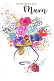 Mother's Day card design showing a lively, watercolour bouquet that captures the feeling of gifting flowers in South Ruislip on a bright, breezy day. The illustration bursts from the centre with rich purples, playful pinks, and radiant reds, their petals gently outlined in deep indigo for definition, yet still loose enough to convey soft movement, as though the blooms were swaying slightly in a spring breeze near the open spaces of local parks. Interspersed among these are gentler blue and lavender blossoms, with strokes of apricot and fresh green that hint at foliage and smaller accent flowers, giving the bouquet a pleasing sense of depth and texture. Subtle touches of gold trace along edges and veins, and return as small highlights across the composition, evoking the warm gleam of sunlight that falls across a freshly delivered arrangement set down on a South Ruislip kitchen table. The flowers settle into a simple, rounded vase, painted in light washes that suggest a smooth surface, finished with an elegant golden bow tied neatly at the neck, echoing the crisp sound and feel of real ribbon. Around the bouquet, scattered flecks of colour and delicate heart motifs float on the clean white background, adding a festive, celebratory atmosphere, like petals tossed into the air by delighted children on Mother's Day. The image feels open, heartfelt, and thoughtfully arranged, much like a florist's hand-tied bouquet designed especially for a cherished mum, conveying gratitude, tenderness, and enduring love in every brushstroke.