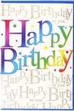 The photograph captures a cheerful birthday card standing against a simple background, its front alive with colour and warmth, the way a decorated living room in South Ruislip might feel just before guests arrive. The central feature is the phrase Happy Birthday, written in large, rounded letters that curve gracefully across the card. Each letter glows with a rich shade, together forming a blended rainbow that moves from warm to cool tones: starting with strong cherry and berry reds, flowing into rosy pinks and peach, then opening into bright orange and sunny yellow, and eventually easing into apple green, teal, ocean blue, and a final flourish of deep violet. The colours blend so smoothly that they appear almost brushed on, lending the design a soft yet vibrant character. Behind this main greeting, the background is covered in slim lines of repeating, cursive gold text that reads Happy Birthday to you. The script is small and flowing, almost like a continuous golden ribbon winding gently behind the bold letters, reflecting light with a subtle, metallic sheen. Sprinkled lightly across the surface are tiny stars and dots in matching rainbow shades, adding a hint of movement and a playful confetti effect. The card's finish looks smooth and slightly glossy, helping the colours stand out with clarity against the luminous gold behind them. The overall impression is of a bright, upbeat, and thoughtful birthday message - just the sort of card you might pair with a colourful bouquet or deliver on its own to share warm wishes with someone celebrating in South Ruislip.