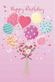 On a canvas of soft, rose-tinted pink, this birthday illustration presents a dreamy fusion of balloons and flowers that could easily brighten a home anywhere in South Ruislip. At the top, a cluster of pastel balloons gathers in a loose bouquet, some charmingly round, others elongated or heart-shaped. Each balloon carries a unique decorative pattern: fine swirling stripes, lively polka dots, or delicate floral and star motifs that hint at confetti and celebration. Colours drift between gentle pinks, cool teals, sunny yellows, lilacs, and milky white, all softly blended so nothing feels harsh or overpowering. They appear slightly glossy, with subtle highlights that suggest the smooth surface of real balloons catching indoor light. Beneath this airy canopy, a small hand-tied bouquet of fresh flowers anchors the design. Roses and anemone-like blossoms nestle together, petals feathery and layered, in creamy ivory, blush pink, mauve, and touches of raspberry, giving the impression of a lush yet delicate arrangement you might have delivered to a home off Long Drive. The stems are wrapped with a violet satin bow tied into gentle loops, its rich colour providing a lovely contrast against the softer tones above. Scattered stars and butterfly motifs float around the bouquet, adding a sense of enchantment, as if birthday wishes themselves are shimmering in the air. The overall feeling is light, tender, and quietly festive-a visual birthday hug expressed through pastel balloons and flowers, perfectly suited to sending warm, thoughtful greetings within South Ruislip.