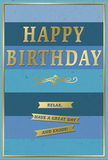 This image features a beautifully composed birthday card that blends a soothing blue gradient with refined gold detailing, the sort of card you might tuck beside a bouquet waiting to be delivered across South Ruislip. The background is laid out in broad, horizontal stripes, each one a slightly different shade of blue. The deeper navy tones at the top and bottom gradually soften into mid-blue and sky-blue stripes toward the centre, giving the card a sense of layered depth and calm, like distant horizons seen from a quiet South Ruislip street. Centred against this ombre backdrop, the words HAPPY BIRTHDAY are embossed in metallic gold capital letters. The raised, polished finish catches and reflects light gently, creating a warm, dignified shimmer that marks the greeting as the clear focal point. Just underneath, a graceful golden flourish unfurls across the width of the card, adding a traditional, almost calligraphic elegance. Below this flourish, three slim gold banners are lined in a precise stack, each bearing a short, friendly line of text: Relax, have a great day and enjoy! The banners invoke the feeling of small, thoughtful reminders, encouraging the recipient to savour their special day. A fine gold frame encircles the entire design, holding the blues and metallic elements within a neat, balanced border. The card looks smooth to the touch, with the embossed areas adding texture that invites fingertips to trace the letters and motifs. Imagined on a sideboard near West End Road, next to a fresh arrangement from Flowers South Ruislip, this card would bring a sense of gentle celebration and considered care to any birthday moment.