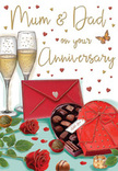 Atmospheric anniversary card image that captures the warmth of a family celebration in South Ruislip, arranged as a romantic still life on a gently illuminated tabletop. In the foreground, two deep red roses lie gracefully, their velvety petals unfurling in soft spirals, surrounded by polished green leaves that provide a natural frame and suggest the care of a skilled florist. Close by, an open heart-shaped box displays a tempting array of chocolates, each truffle nestled in its own little compartment. The box is adorned with a full, satin-red bow that sits proudly on top, its curves and folds highlighted as if under the mellow glow of an evening lamp somewhere off West End Road. Just behind, two elegant champagne flutes rise side by side, filled with golden, bubbly champagne; delicate trails of bubbles rise through the liquid, catching flickers of light and hinting at the gentle clink of glasses before a toast. Floating across the background are tiny hearts in shimmering gold and rich crimson, arranged like a soft halo around the handwritten message to Mum & Dad, the lettering relaxed and affectionate. Nearby, a scarlet envelope rests on the table, its flap neatly sealed, implying a heartfelt note tucked inside, perhaps written by children who have grown up in South Ruislip. The combination of deep reds, warm golds, and fresh greens, together with the soft reflections on the glass and chocolates, evokes the scent of fresh roses, the sweetness of shared treats, and the quiet joy of celebrating another year of love and partnership at home.